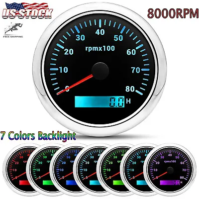 85mm Waterproof Tachometer Gauge 0-8000RPM W/ 7 Colors LED For Car Boat US STOCK • $36.29