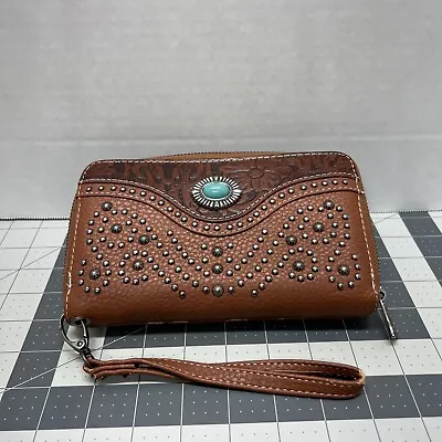 Montana West~Trinity Ranch Collection~Wallet Brown Leather Faux Turquoise Studs • $15