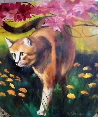 Vtg Oil Painting MCM Cat In Flowers Folk Art Tiger Kitty 15.5in Signed Colorful • $80