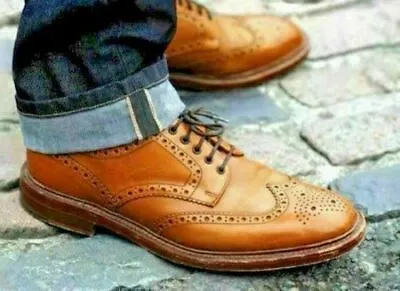 Handmade Genuine Leather Tan Color Oxford Brogue Wingtip Lace Up Shoes For Men • £139.99