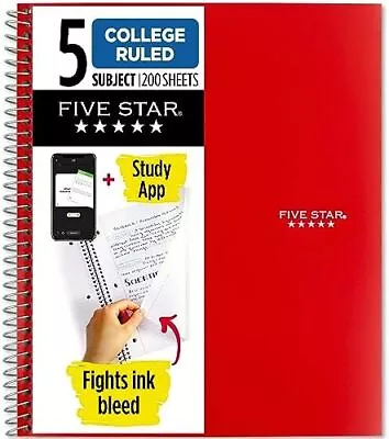 Star Spiral Notebook + Study App 5 Subject College Ruled Paper Fights Ink Ble • $14.99