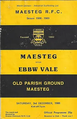 Maesteg v Ebbw Vale 3 Dec 1988 Maesteg RUGBY PROGRAMME • £4.99