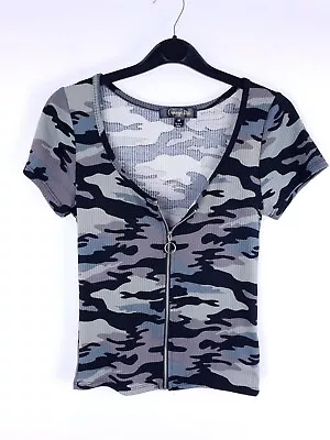 Camo Top Size M Zip Front Evening Party Casual Fitted Cropped Short Sleeve • £9.50