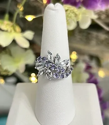 Sterling Silver Ladies Tanzanite Aquamarine Cluster Cocktail Band Ring 7 QVC • £96.41