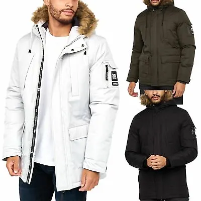 Men Crosshatch Parka Padded Fleece Fur Hood Winter Lined Jacket Heavy Warm Coat • £42.99
