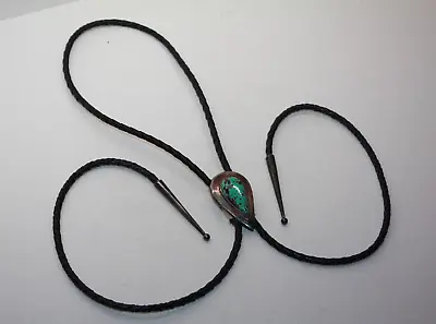 Vintage Native American Black Leather Sterling Silver Turquoise Bolo Tie [024GRA • $79.99