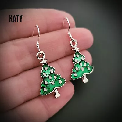 $4.85 • Buy Stamped 925 Silver Hook Vintage Look Green Christmas Tree Star Earrings Gift 