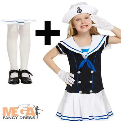 Sailor Girls Fancy Dress + White Tights Marine Navy Uniform Kids Costume Outfit • £11.49