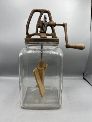 $56.95 • Buy Antique Atlas Hazel Butter Churn Glass Jar With Wood Paddles Stamped 4249