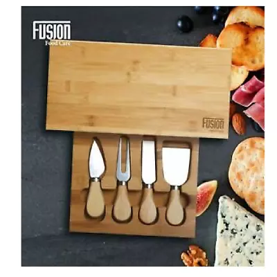 BAMBOO CHEESE BOARD & KNIFE SET 4 Speciality Knives Included Tools Slide Out • £14.49