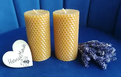 2 X Hand Rolled Beeswax Table Pillar Church Candles Long Burn Time • £5.79
