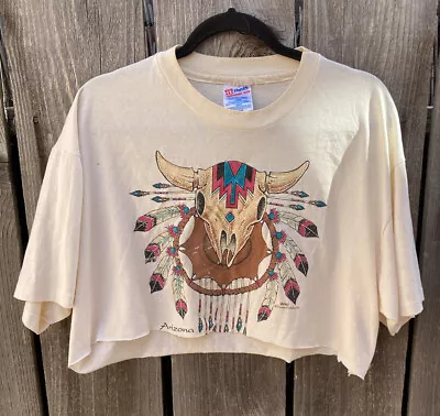 Women's VTG Hanes Heavy Beige Arizona Mystical Cowhead Mid-Riff T-Shirt XL STAIN • $19.92