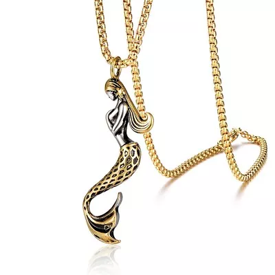 NEW Men's Amulet Stainless Steel Mermaid Pendant Necklace Lucky Jewelry • $12.99