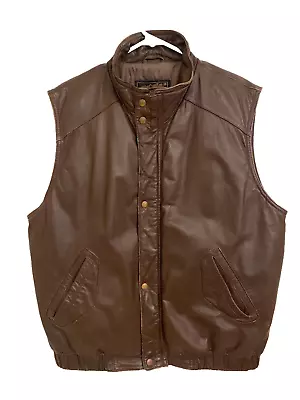 Vtg Eddie Bauer Mens Brown Leather Vest Goose Down Insulation Biker Zip Up Sz Lg • $64.99