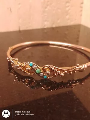 Victorian 9ct Gold Pearl And Turquoise Hinged Bangle • £325