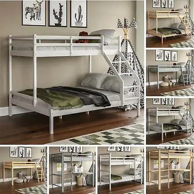 £219.99 • Buy Bunk Bed Triple Sleeper Cabin Loft Bed Solid Wood Frame Desk Kids Childrens