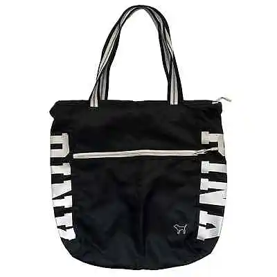 VICTORIA'S SECRET PINK Black White X Arge Canvas Shoulder Tote Beach Book Bag • $25