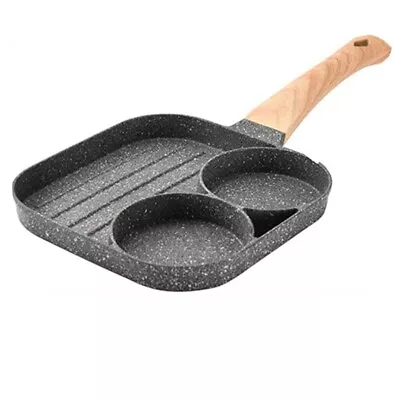 2 Holes Square Frying Pan Metal Round Egg And Bacon Frying Pan With Wooden Handl • £13.29