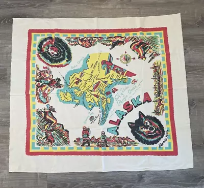 Vintage Alaska Tablecloth Approx. 48 X 44 Rectangle Map Eskimo Moose Sled Dogs • $20