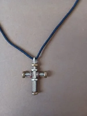 Mens Vintage Necklace Leather Brass Copper Cross Christian Adjustable Black Cord • $15.99