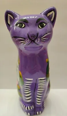 Mexican Folk Art Talavera Pottery Floral Purple Cat Bank Statue 8  Tall • $18.99