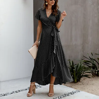 Womens V Neck Floral Maxi Dress Ladies Ruffle Lace Up Holiday Beach Long Dresses • $34.99