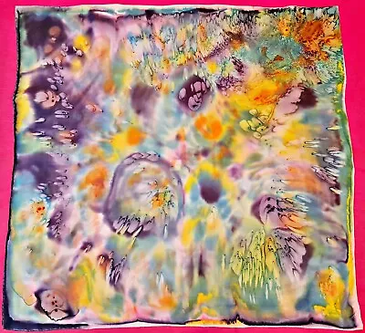 Scarf Vintage Hand Painted Signed Watercolor Art Blue Green Pink Silk 35  Square • $25.50