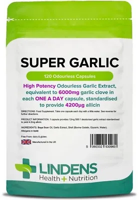 Super Garlic 6000mg Odourless X 120/365 Capsules; Cardiovascular; Lindens   • £8.25