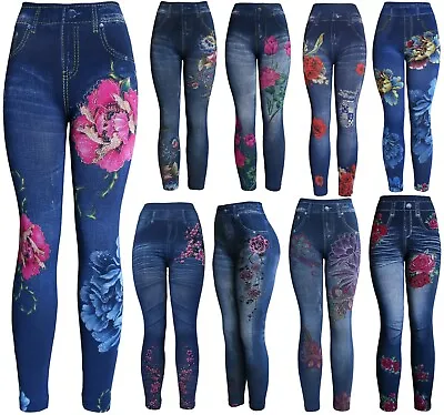 High Waist Women's Denim Print Fake Faux Jeans Leggings Pants • $13.99