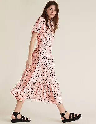 * BNWT M&S Pink Spot Holly Willoughby Midi Mock Wrap Dress UK 14         (ST314) • £17.99