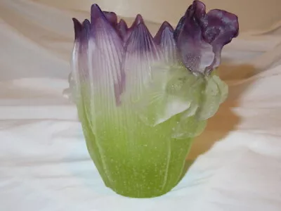 Daum France Crystal Iris Vase Purple & Green Pate De Verre Signed 5 1/8  +/- • £482.56