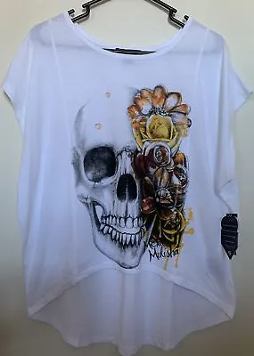 Metal Mulisha Women’s White Hi Lo Oversized Bittersweet Tee Sz M Skull Rose NWT • $26.99