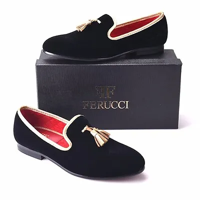 FERUCCI Black Custom-made Velvet Slippers Loafers With Gold Tassel • $104.99