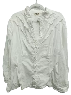 *M.k.m. Designs White Ruffle Trim Long Sleeve Split Neck Button Down Top 3X • $13.99