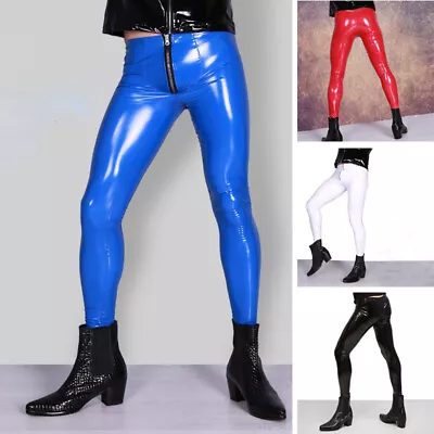 Men Faux Latex Legging Wet Look Pants Slim Fitted Skinny Stage Club Wear Zip • £27.12