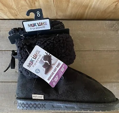 Muk Luks Cozy Women's Size 8 Black Comfort Pull On Faux Fur Knit Winter Boots • $25