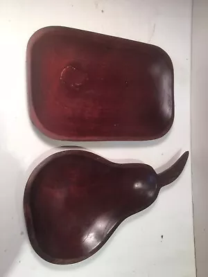 Vintage 2 Purple Heart Wood Carved Serving Trays Pear Shape & Rectangle • $75