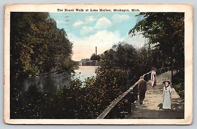 Muskegon Mi Michigan - Board Walk At Lake Harbor - Postcard - 1921 • $4.95