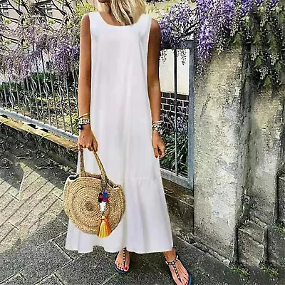 Plus Size Women Cotton Linen Long Maxi Dress Sleeveless Casual Loose Sundress • $38.02