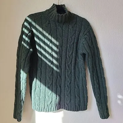 American Eagle Men Vintage Sweater Medium Lambswool DONEGAL CABLE Green Mock • $20