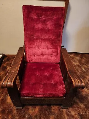  Antique OAK Morris Stickley Mission Recliner Chair RED VELVET Rare EUC • $2200