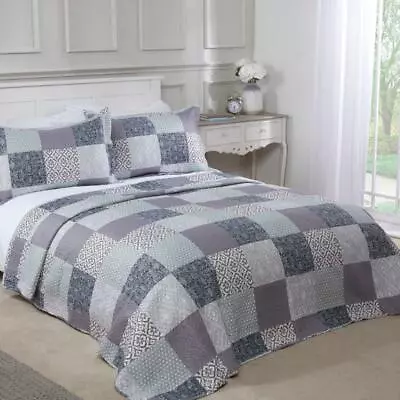 £27.99 • Buy Chiltern Bedspread Plus Pillow Shams Set Quilted Patchwork Grey/Blue Bedspreads