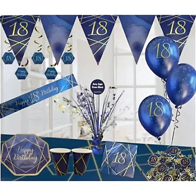 Age 18 / 18th Birthday Navy Blue Gold Party Decorations Bunting Banners Balloons • £1.35