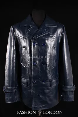 KRIEGSMARINE Mens Leather Coat German WW2 Long Jacket Navy Blue Cowhide Pea Coat • $129.13