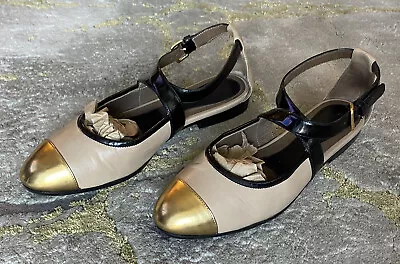 MARNI⚡️Tan Leather Gold Cap Toe Buckle Strap Mary Jane Flats Shoes Size 38EU/8US • $299.99