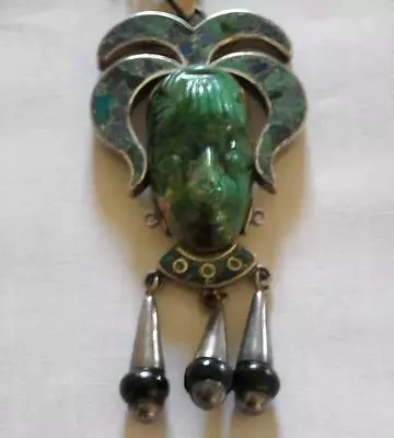 Mexican Turquoise Aztec Face Pendant Vintage Signed • $147.77