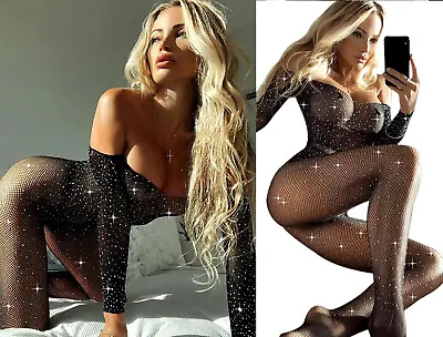 Fishnet Sparkle Rhinestone Bodysuit Bodystocking Mesh Body Stockings Lingerie  • £5.99