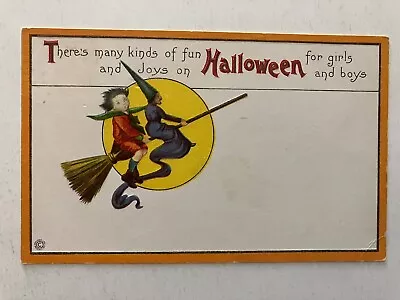 Halloween Stecher No 63 C Witch And Girl On Broomstick Passing Moon • $19.50