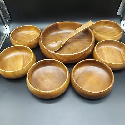 VTG Action Hand-Carved Teak Wood Salad Bowl 6 Bowls Spoon Made In Philippines • $64.98