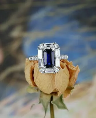 $84.99 • Buy 2Ct Emerald Cut Blue Sapphire Lab Created Halo Engagement Ring 14K White Gold FN